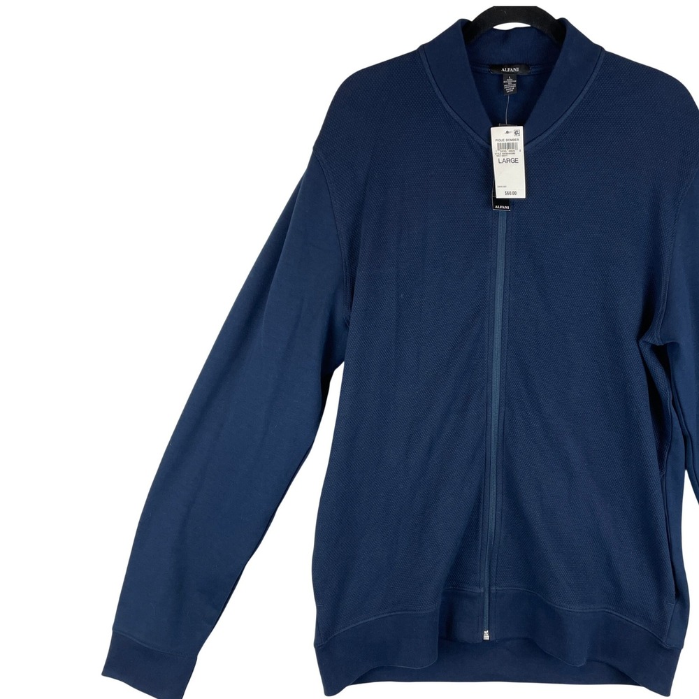 Alfani Mens Pique Bomber Jacket Neo Navy Blue‎ Full Zip Stretch Large NWT